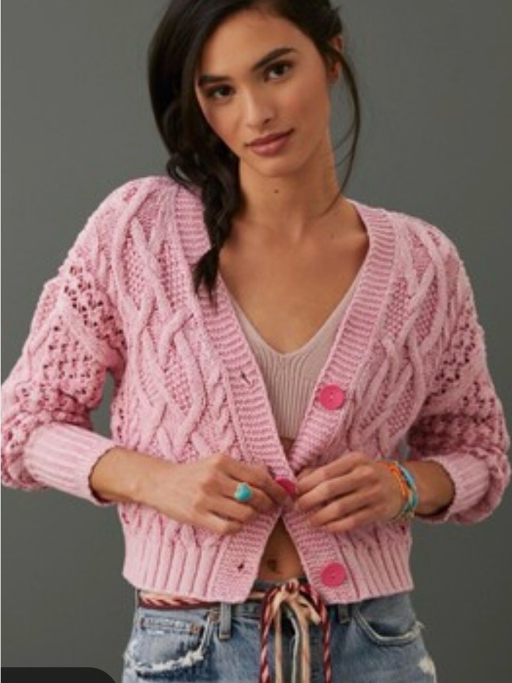 Pilcro Anthropologie Pink Cable Knit Cropped Cardigan Cotton Coquette  Y2K Sz XS